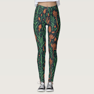 Modern Botanisch Rood Groen Blad Bloemmotief Leggings