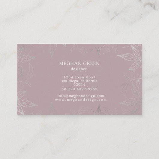 Modern Botanisch Roze en Zilveren Visitekaartje (Achterkant)