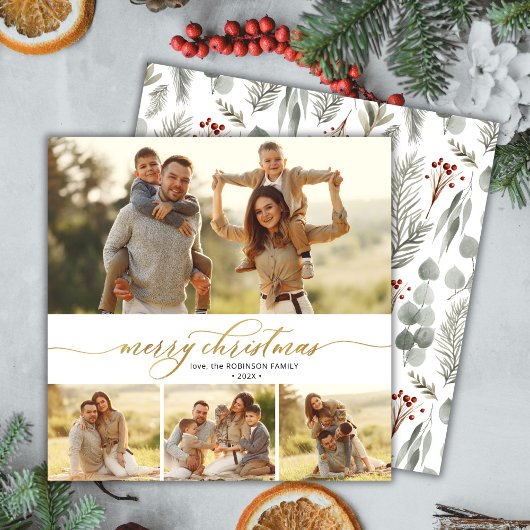 Modern Botanisch Script 4 Multi Photo Christmas Feestdagenkaart