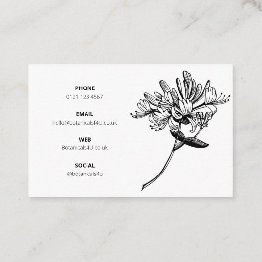 Modern Botanisch Script en Drawn Flowers UK/Euro Visitekaartje (Achterkant)