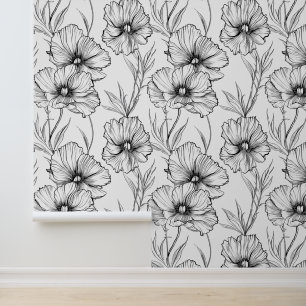 Modern Botanisch Zwart-Wit Bloempatroon Behang