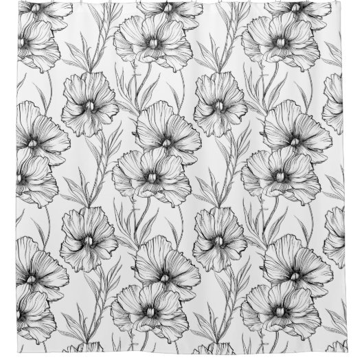 Modern Botanisch Zwart-Wit Bloempatroon Douchegordijn (Voorkant)