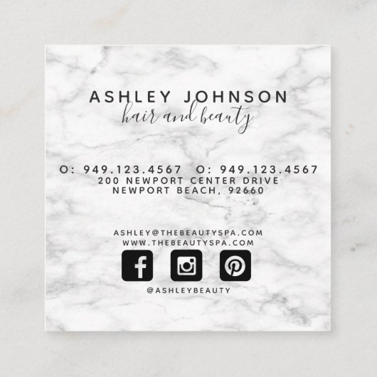 Modern Botanisch Zwart-Wit Marmer Vierkante Visitekaartje (Achterkant)