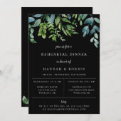 Modern botanische Greenery Black Rehearsal Dinner Aankondiging (Voorkant / Achterkant)