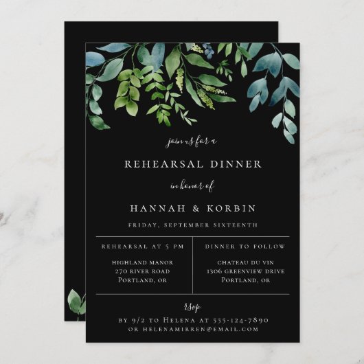 Modern botanische Greenery Black Rehearsal Dinner Aankondiging (Voorkant / Achterkant)