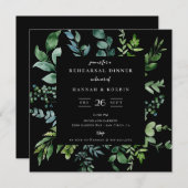 Modern botanische Greenery Black Rehearsal Dinner Kaart (Voorkant / Achterkant)