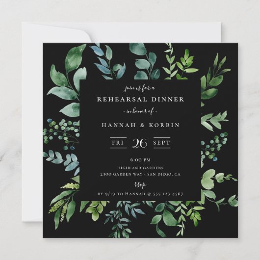 Modern botanische Greenery Black Rehearsal Dinner Kaart (Voorkant)