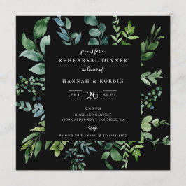 Modern botanische Greenery Black Rehearsal Dinner Kaart