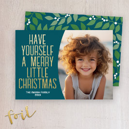 Modern Botanische Prettig Kerst Foto - Teal Folie Feestdagenkaart