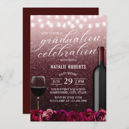 Modern Bourgogne en Roos Gold Floral Afstuderen Kaart (Voorkant / Achterkant)