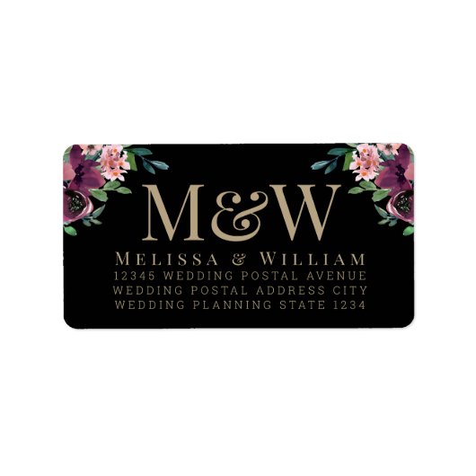 Modern Bourgogne Floral Monogram Zwart Adres Etiket (Voorkant)