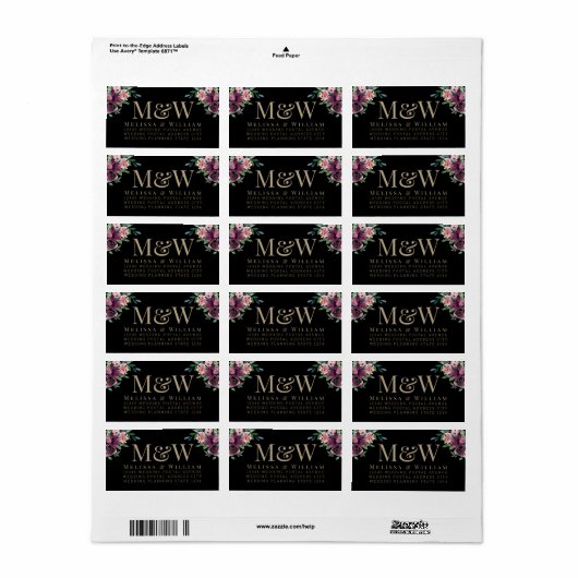 Modern Bourgogne Floral Monogram Zwart Adres Etiket (Full Sheet)