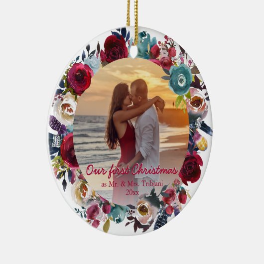 Modern Bourgogne Floral onze eerste kerst Keramisch Ornament (Rechts)