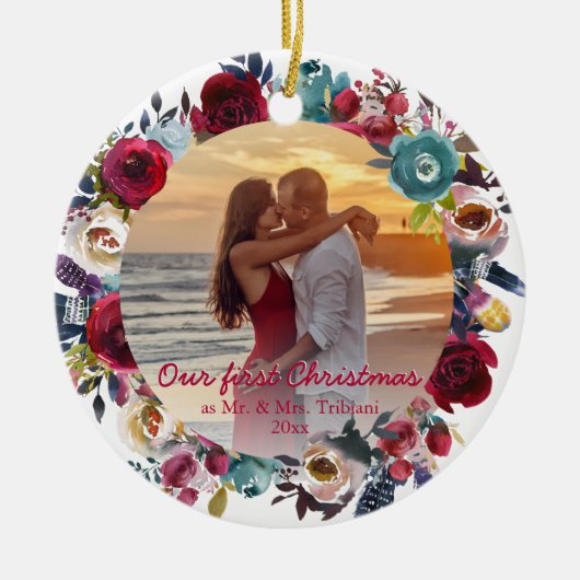 Modern Bourgogne Floral onze eerste kerst Keramisch Ornament (Voorkant)