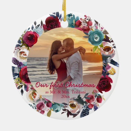 Modern Bourgogne Floral onze eerste kerst Keramisch Ornament (Achterkant)