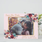 Modern Bourgogne Floral op roze sla de datum op Save The Date (Staand voorkant)