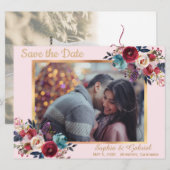 Modern Bourgogne Floral op roze sla de datum op Save The Date (Voorkant / Achterkant)