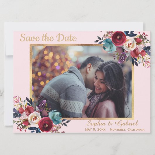 Modern Bourgogne Floral op roze sla de datum op Save The Date (Voorkant)