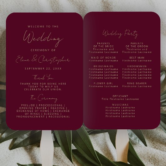 Modern Bourgogne Goud Handschrift Trouwprogramma Handwaaier