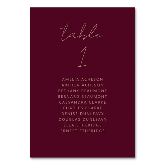 Modern Bourgogne Goud Script Bruiloft Tafel Nummer Kaart (Voorkant)