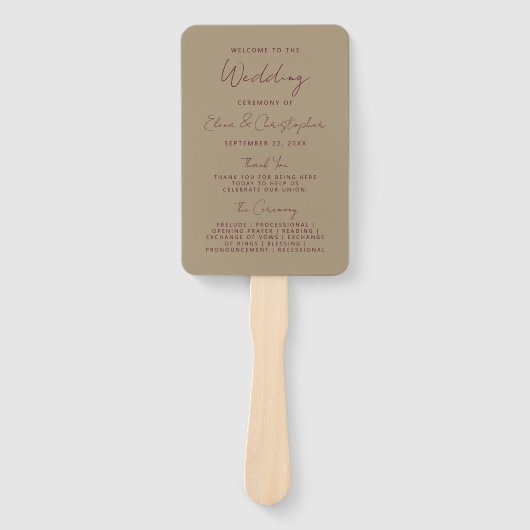 Modern Bourgogne Handschrift Goud Bruiloft Program Handwaaier (Voorkant)