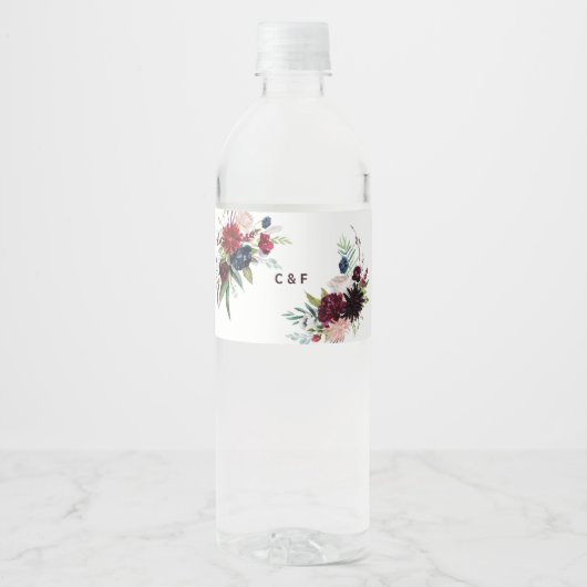 Modern Bourgogne Marine Bloemen Water Flesje Label Waterfles Etiket (Voorkant)