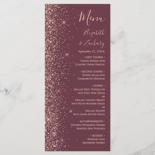 Modern Bourgogne Roos Gouden Glitter Edge Bruiloft Menu (Voorkant)