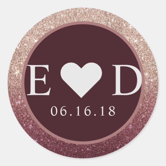 Modern Bourgogne Roos Gouden Glitter Ombre Bruilof Ronde Sticker (Voorkant)