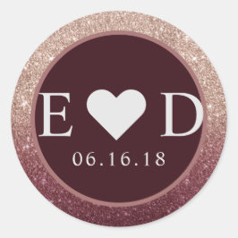 Modern Bourgogne Roos Gouden Glitter Ombre Bruilof Ronde Sticker