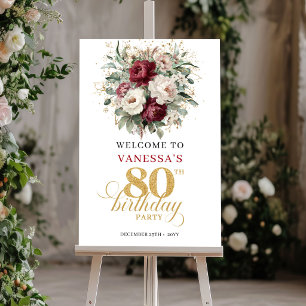 Modern Bourgondië Bloemrijke 80e Verjaardag Welkom Poster