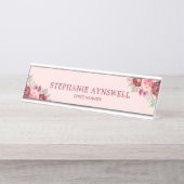 Modern Bourgondië Blush Roze Bloemen Waterverf Bureau Naambordje (Voorkant)