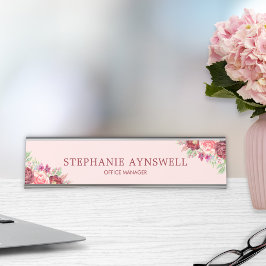 Modern Bourgondië Blush Roze Bloemen Waterverf Bureau Naambordje
