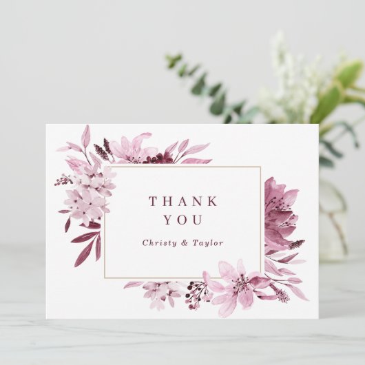 Modern Bourgondië Blush Waterverf Bloemen Dank u Bedankkaart (Staand voorkant)