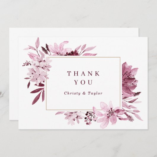 Modern Bourgondië Blush Waterverf Bloemen Dank u Bedankkaart (Voorkant / Achterkant)