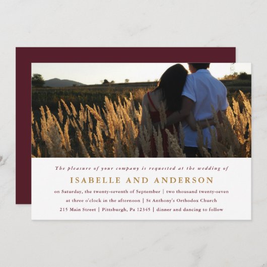 Modern Bourgondië Een foto bruiloft Kaart (Voorkant / Achterkant)