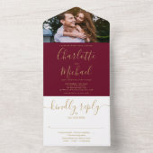 Modern Bourgondië en Goud Script Foto Bruiloft All All In One Uitnodiging (Binnen)