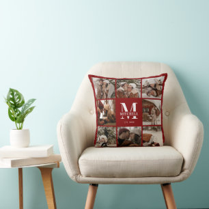 Modern Bourgondië Familie Foto Collage Monogram Gi Kussen