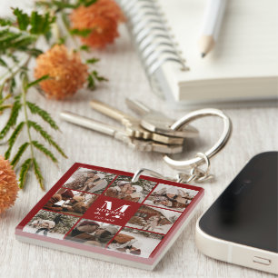 Modern Bourgondië Familie Foto Collage Monogram Gi Sleutelhanger