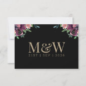Modern Bourgondië Floral Zwart Goud Monogram RSVP (Achterkant)