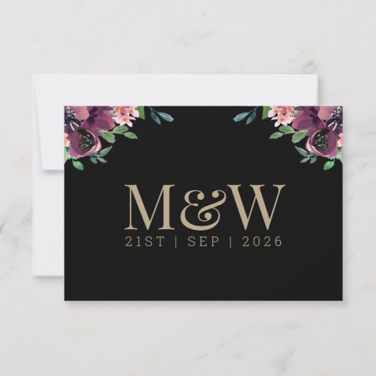 Modern Bourgondië Floral Zwart Goud Monogram RSVP (Achterkant)