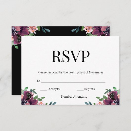 Modern Bourgondië Floral Zwart Goud Monogram RSVP (Voorkant / Achterkant)