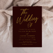 Modern Bourgondië & Gouden Script Bruiloft Kaart