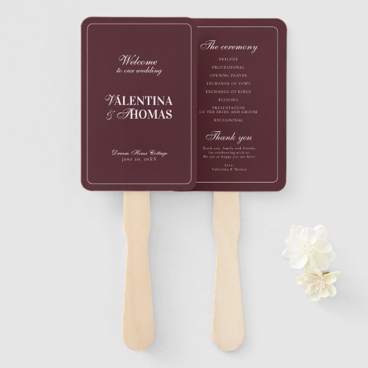 Modern Bourgondië Huwelijksprogramma Handwaaier (Voorkant en achterkant)