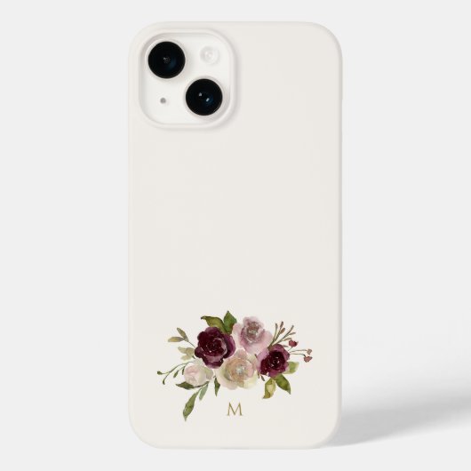 Modern Bourgondië Roze Bloemige Waterverf Monogram Case-Mate iPhone Case (Achterkant)