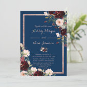 Modern Bourgondisch Blauw Bruiloft Uitnodiging Mar (Staand voorkant)