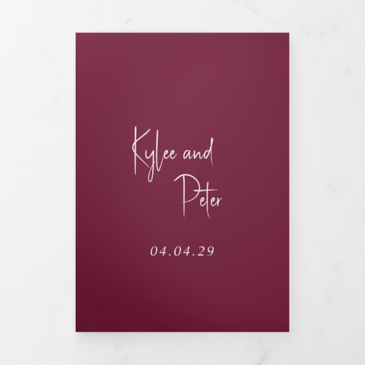 Modern Bourgondisch handgeschreven script Elegant  Drieluik Uitnodiging (Cover)