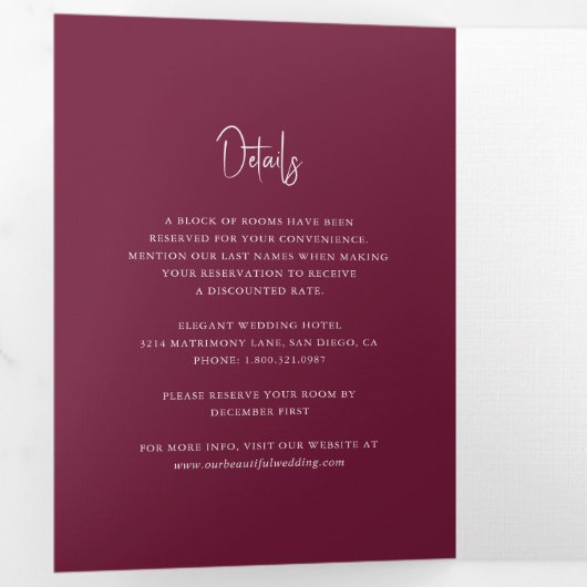 Modern Bourgondisch handgeschreven script Elegant Drieluik Uitnodiging (Binnenzijde eerst)