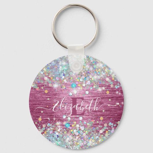 Modern Bourgondisch holografisch faux glitter mono Sleutelhanger (Voorkant)