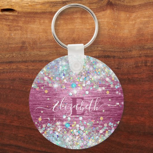 Modern Bourgondisch holografisch faux glitter mono Sleutelhanger (Achterkant)