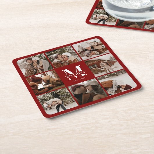 Modern Bourgondisch Monogram Initiaal Familienaam  Kartonnen Onderzetters (Schuin)